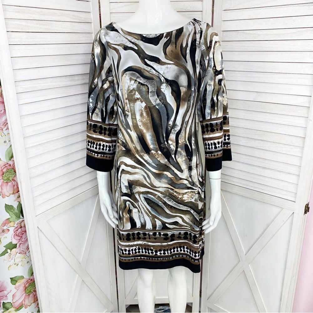 Enfocus Studio Printed Tunic Shift Dress Black Brown 6 Pullover